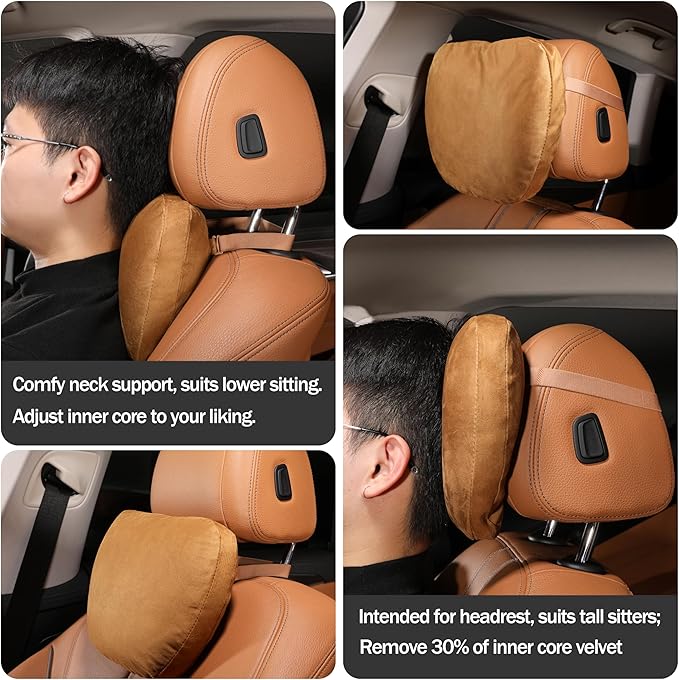Genuine Leather Car Neck Pillow for headrest,Support Drive Seats Head Cushion,Real Cow Leather,11.8x7.5”,Plant-Based Polyester,Thickness & Height Adjustable,Inner Liner fillable(Grey,1p)