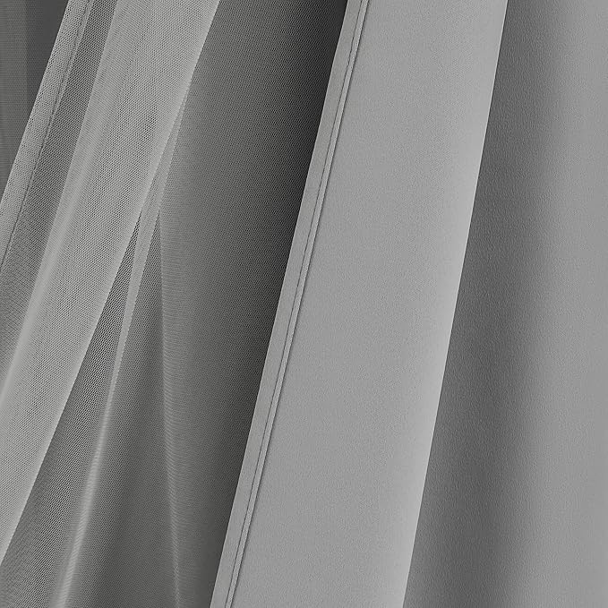 Bujasso Grey 90% Blackout Curtains with Sheer Overlay Mix and Match Double Layer Window Curtains Thermal Insulated 95 inch for Living Room Bedroom Gray Drapes with Tiebacks Grommet Top 54" Wx95 Lx2