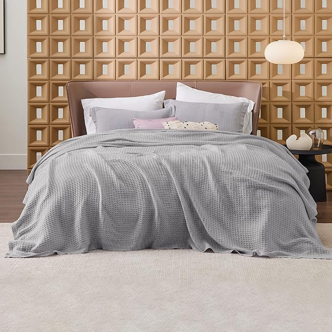 Bedsure 100% Cotton Blanket Queen Size for Bed - Breathable and Soft, Waffle Weave Blanket for Summer Spring, Grey, 90x90 Inches