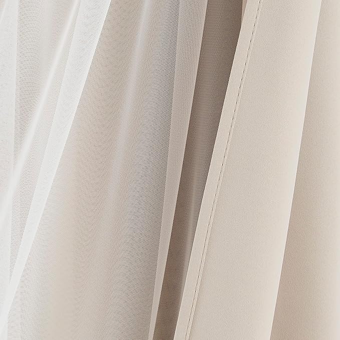 Bujasso Beige 80% Blackout Curtains with Sheer Overlay Mix and Match Double Layer Thermal Insulated Window Panels 95 inch for Living Room Bedroom Beige Drapes with Tiebacks Grommet Top 37" Wx95 Lx2