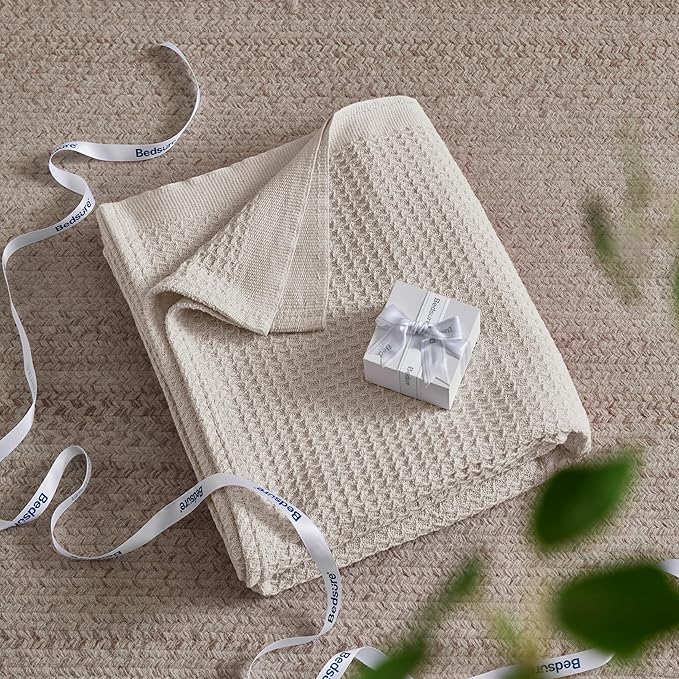 Bedsure 100% Cotton Blanket Twin XL Size for Bed - Breathable and Soft, Waffle Weave Blanket for Summer Spring, Light Beige, 66x90 inches