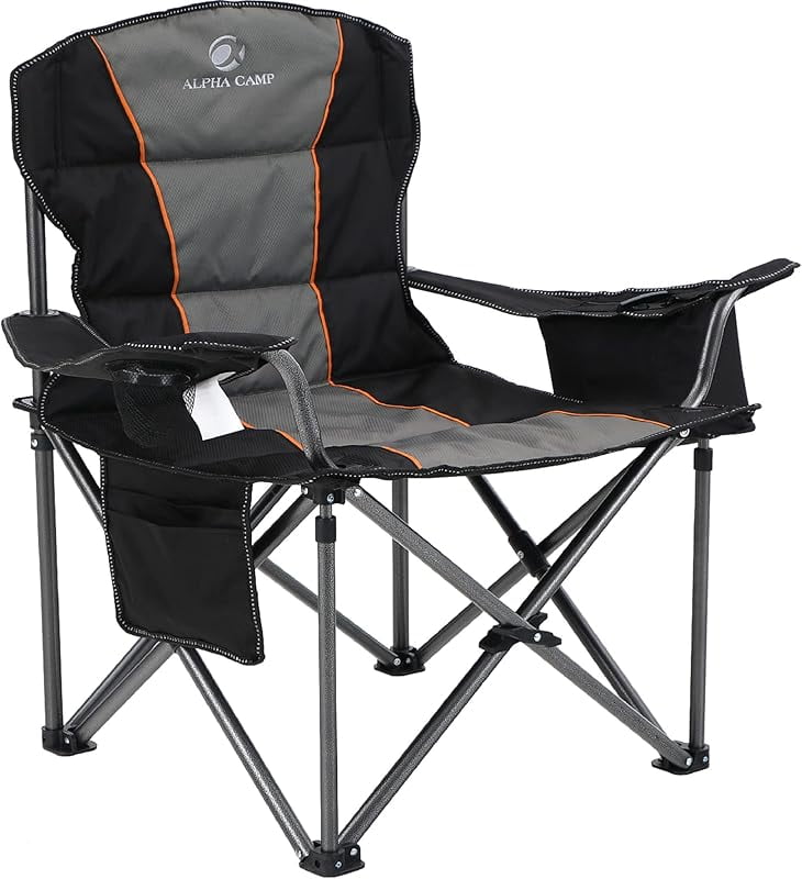 Oversized Camping Folding Chair, Heavy Duty Support 450 LBS Steel Frame Collapsible Padded Arm Chair with Cup Holder Quad Lumbar Back, Portable for