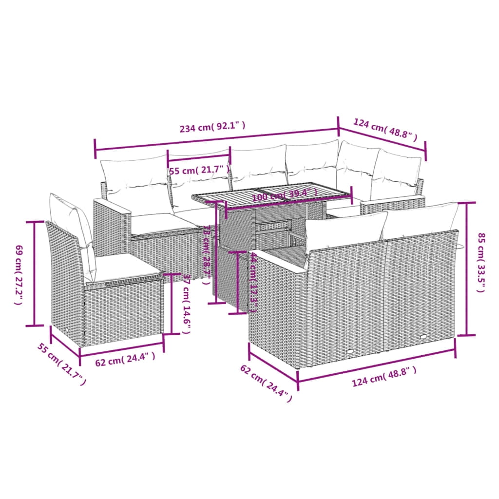 vidaXL Garden Sofa Set Grey PE rattan Large Adjustable Feet