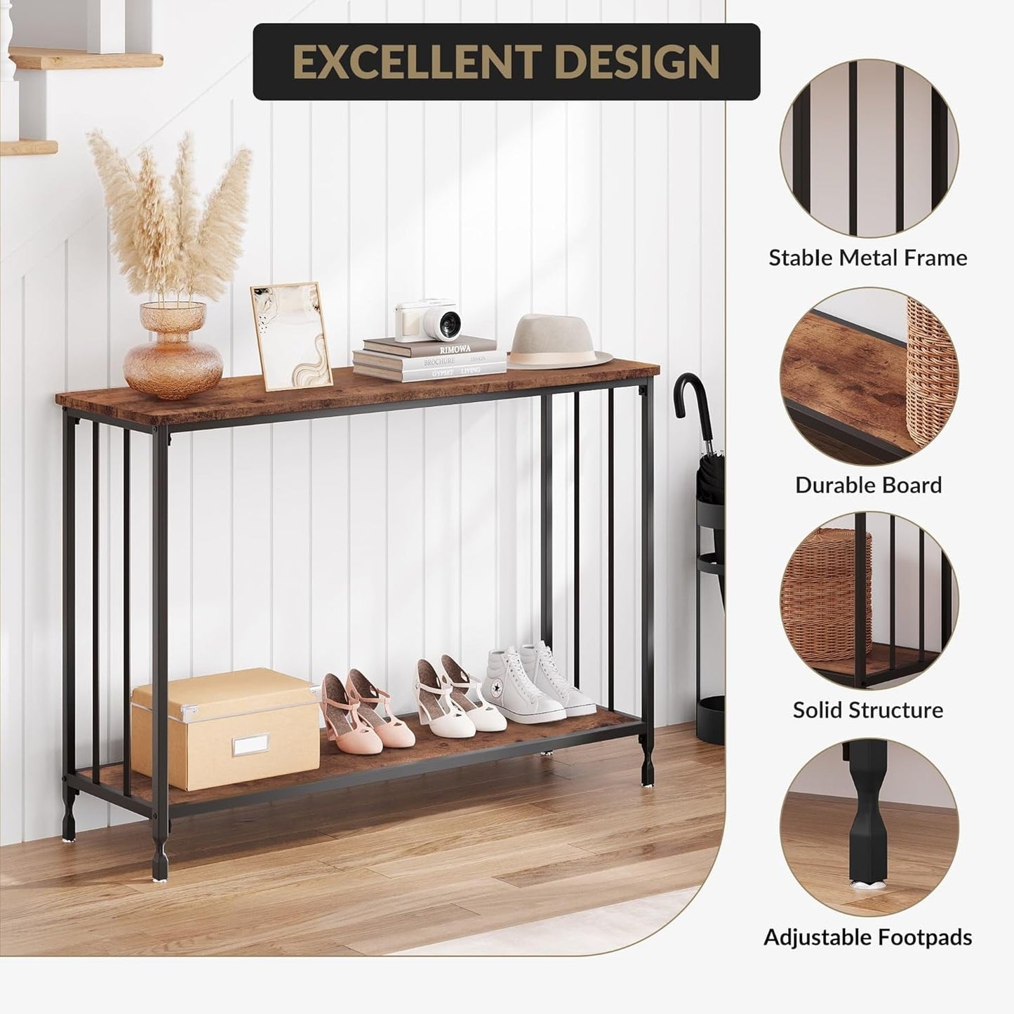 41.3" Entryway Table, Narrow Sofa Table with 2-Tier Storage Shelves & Black Metal Frame, Display Stand and Organizer for Living Room Entryway Office Hallway Bedroom, Retro Color